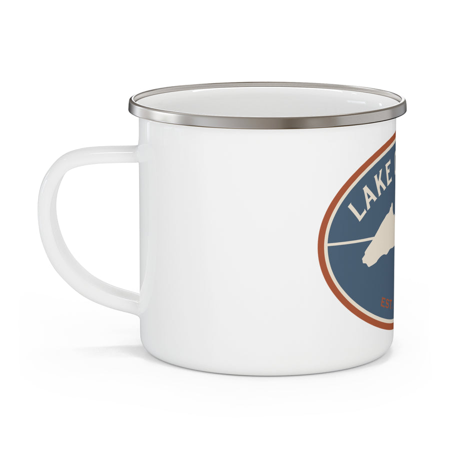 Lake Ontario Enamel Camping Mug — Retro Lake Patch Design