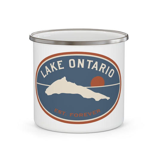Lake Ontario Enamel Camping Mug — Retro Lake Patch Design