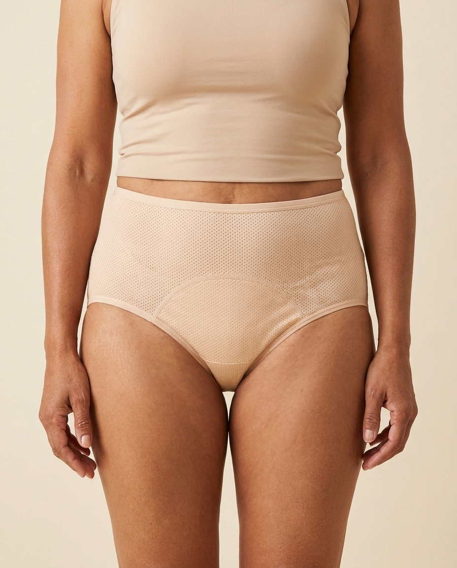 Mujer usando el calzon Serenna Nude, talle alto