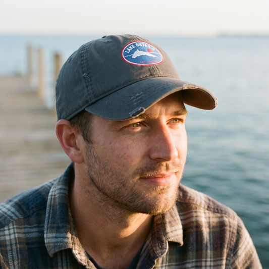 Man wearing the charcoal Lake Ontario badge cap at golden hour by the lake