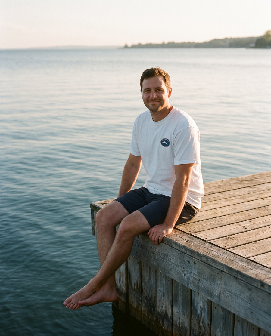 Man sitting on a dock wearing the white Lake Ontario heavyweight tee with chest badge