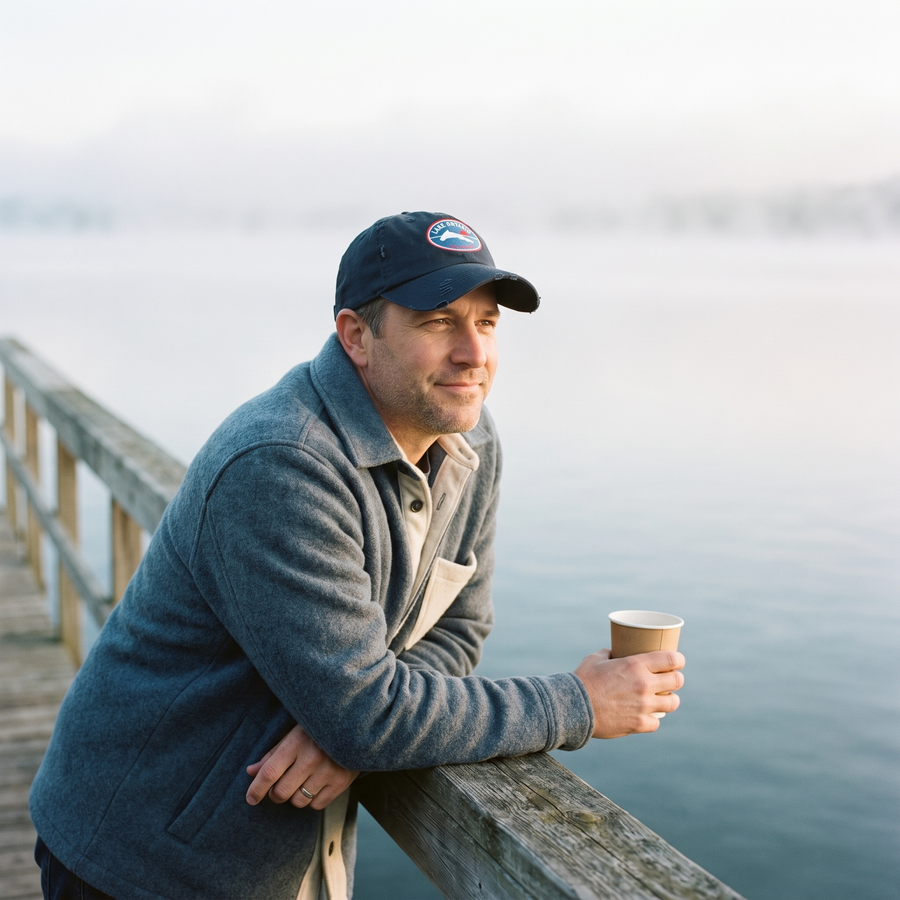 Man with coffee wearing the dark navy Lake Ontario badge cap on a misty pier