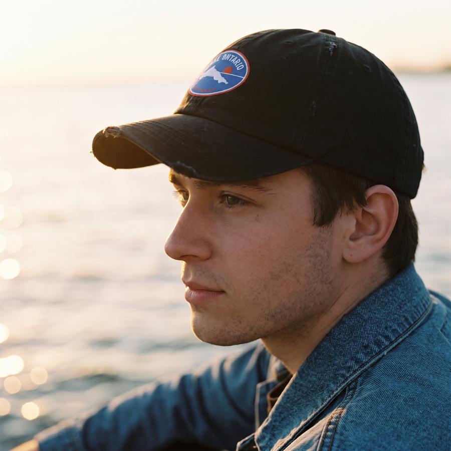 Profile of a young man wearing the black Lake Ontario badge cap at sunset
