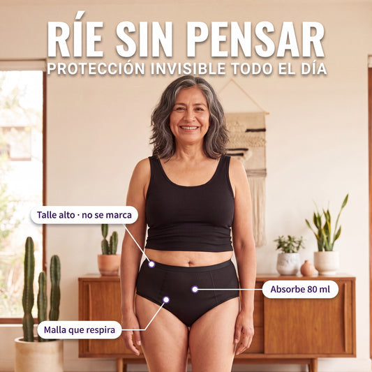 Mujer de 60 años con el calzón Serenna: talle alto que no se marca, absorbe 80 ml, malla que respira